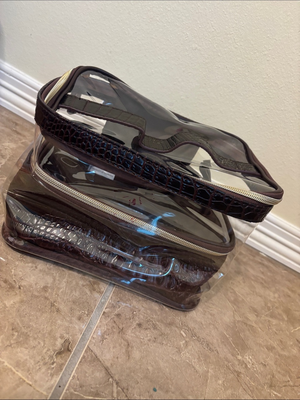 Clear Travel Toiletry Bag with Dark Brown Trim